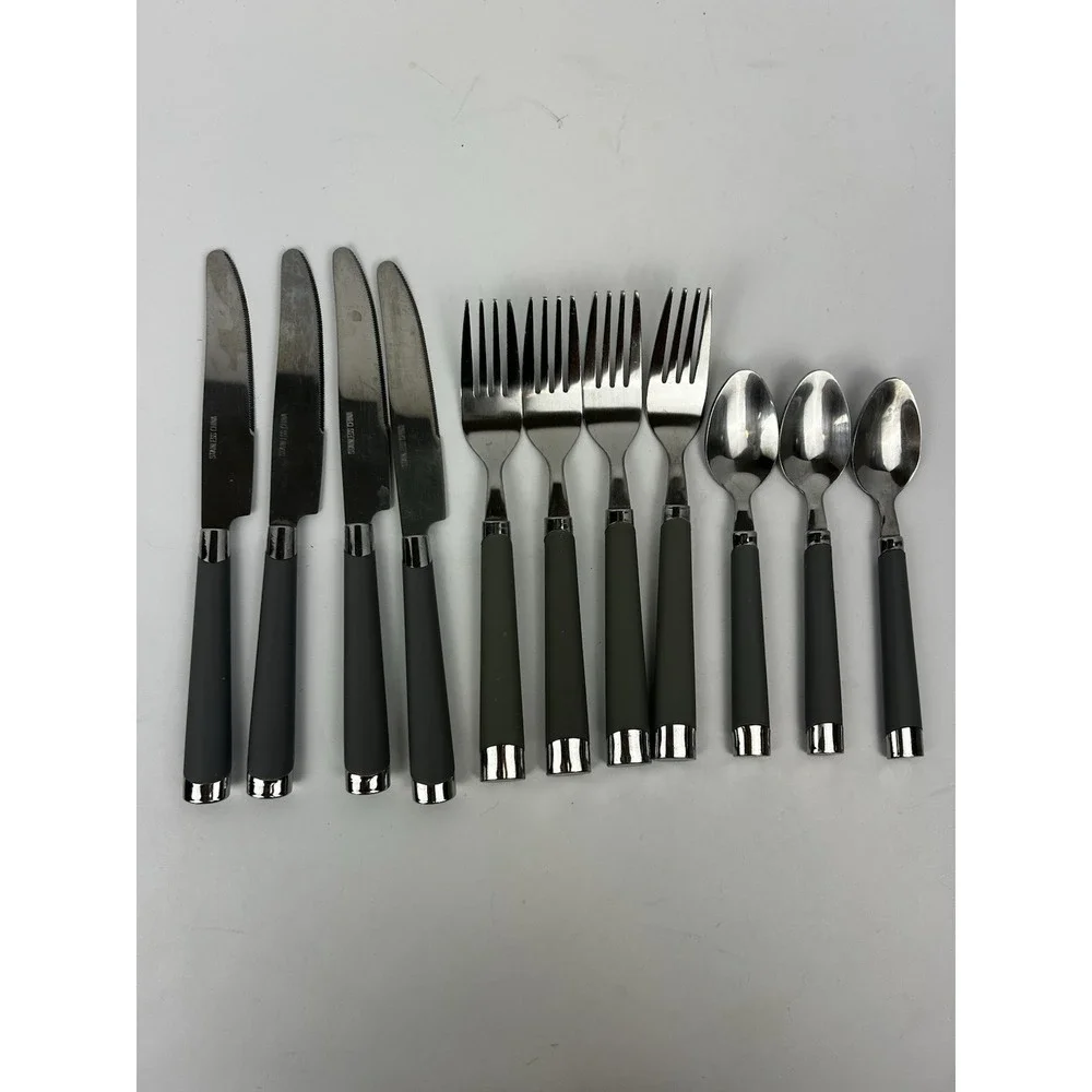 Lot of 11 GRAY Handle Stainless Steel Flatware - Teaspoons Forks Knives